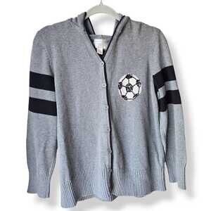 CJ Banks Hand Embroidered Cardigan Sweater Size 1X Gray Hooded Soccer Ball